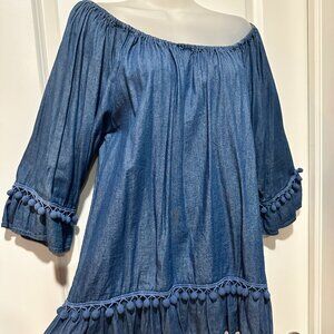 New Grand & Greene Denim Top with Ruffle/PomPom Detail, NWOT, Size L